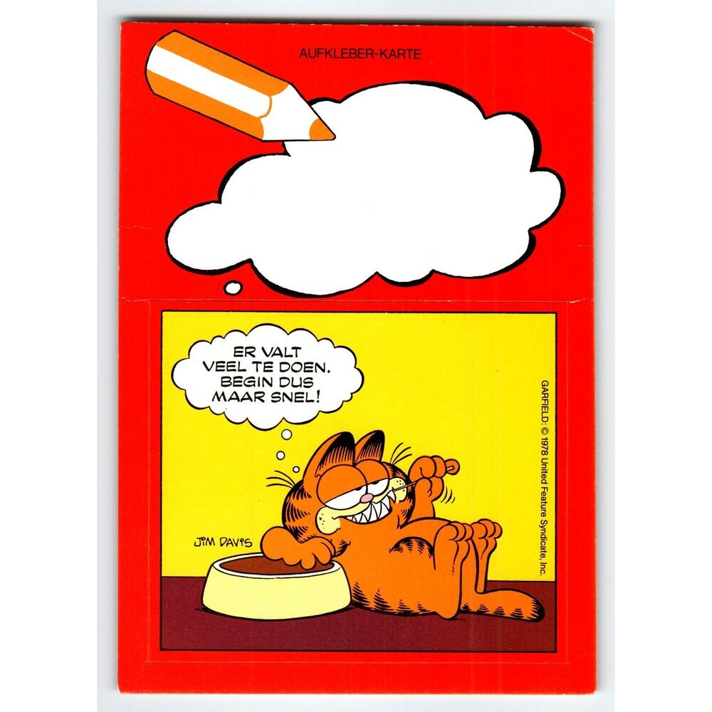 Vintage 1978 Garfield Comic Sticker Front Postcard by Jim Davis - Dutch Text